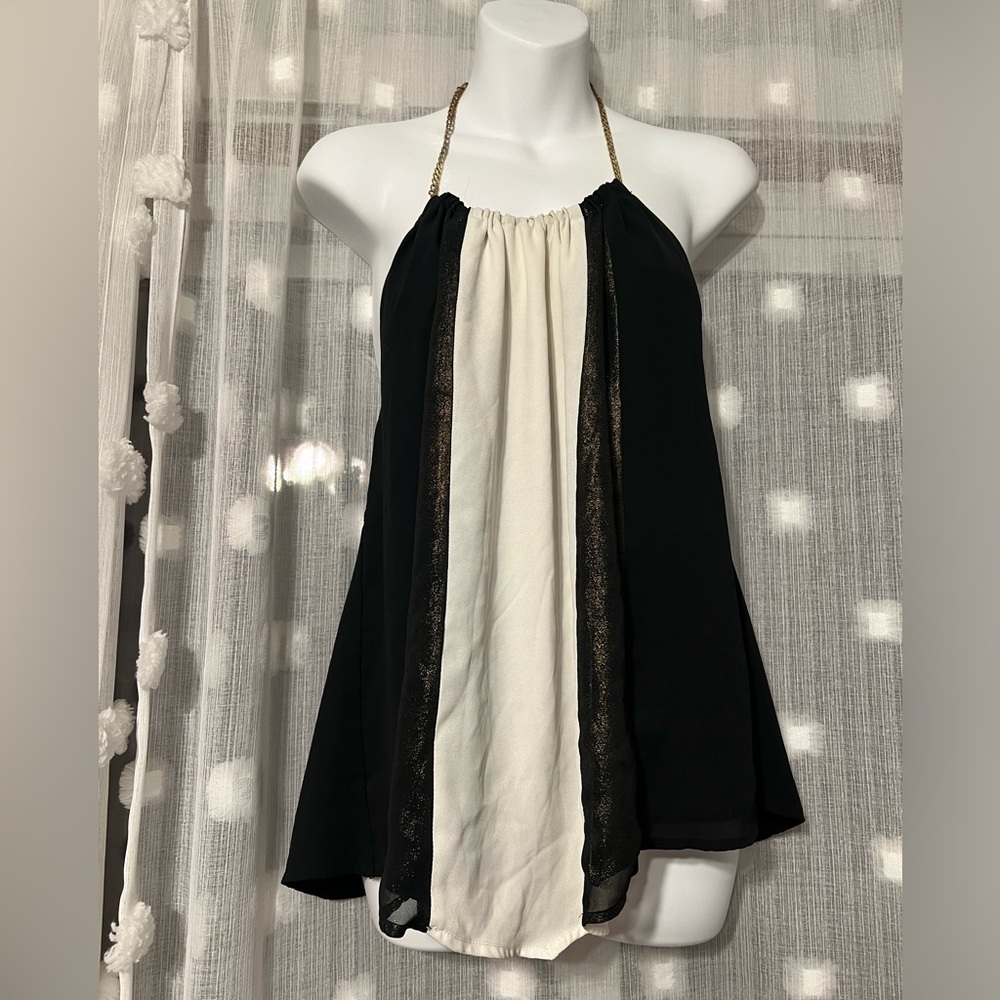 Express Gold Color Block Chain Neck Halter Top